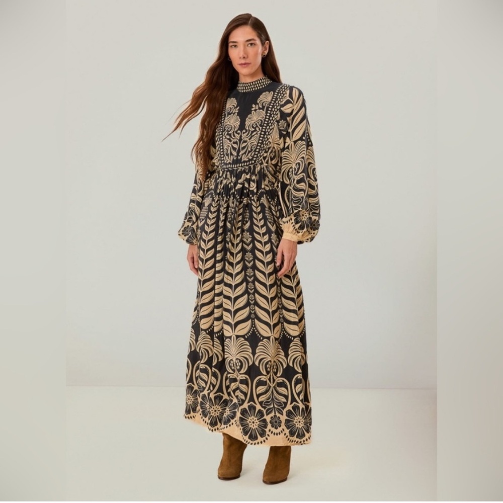 NWT FARM Rio Ainika Tropical Splendor Maxi Navy Blue & Cream Maxi Dress Sz S